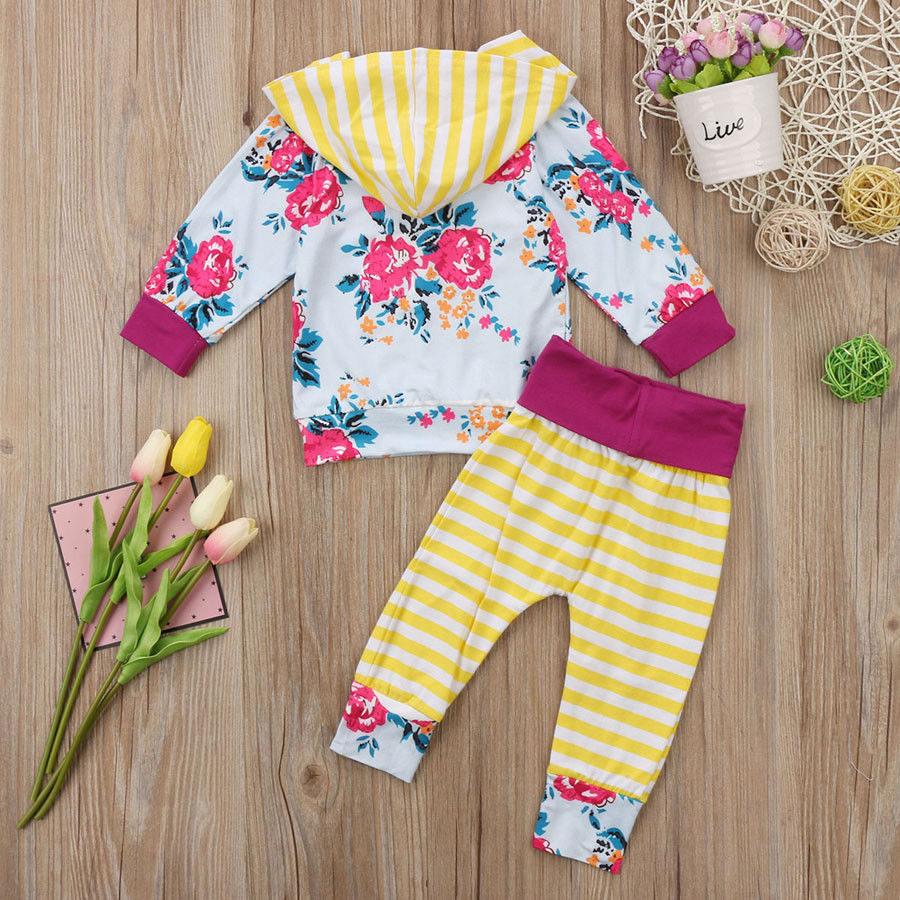 New 2 Pcs Floral Baby Girl Hooded Clothing Set