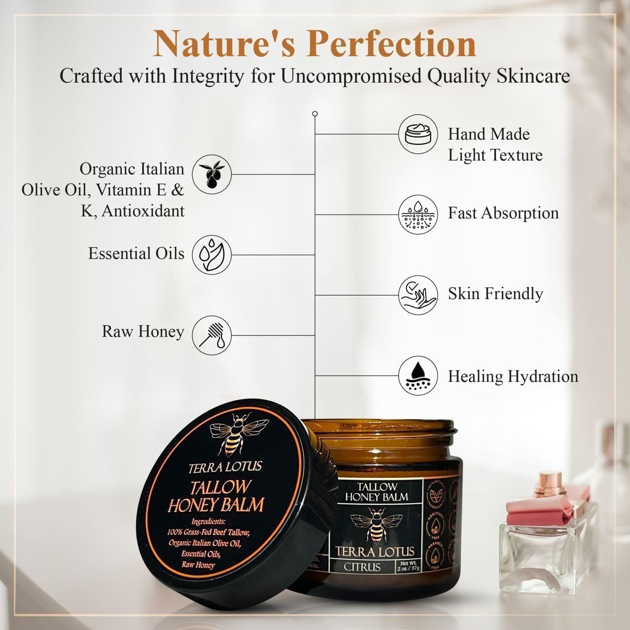 Organic Grass-Fed Beef Tallow Balm with Raw Honey - Moisturizing Cream
