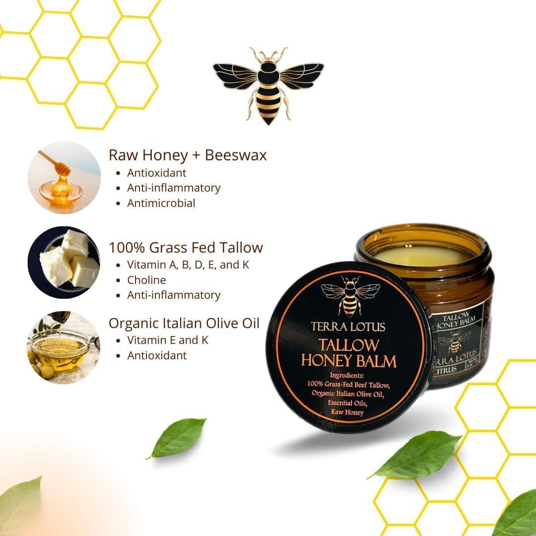 Organic Grass-Fed Beef Tallow Balm with Raw Honey - Moisturizing Cream