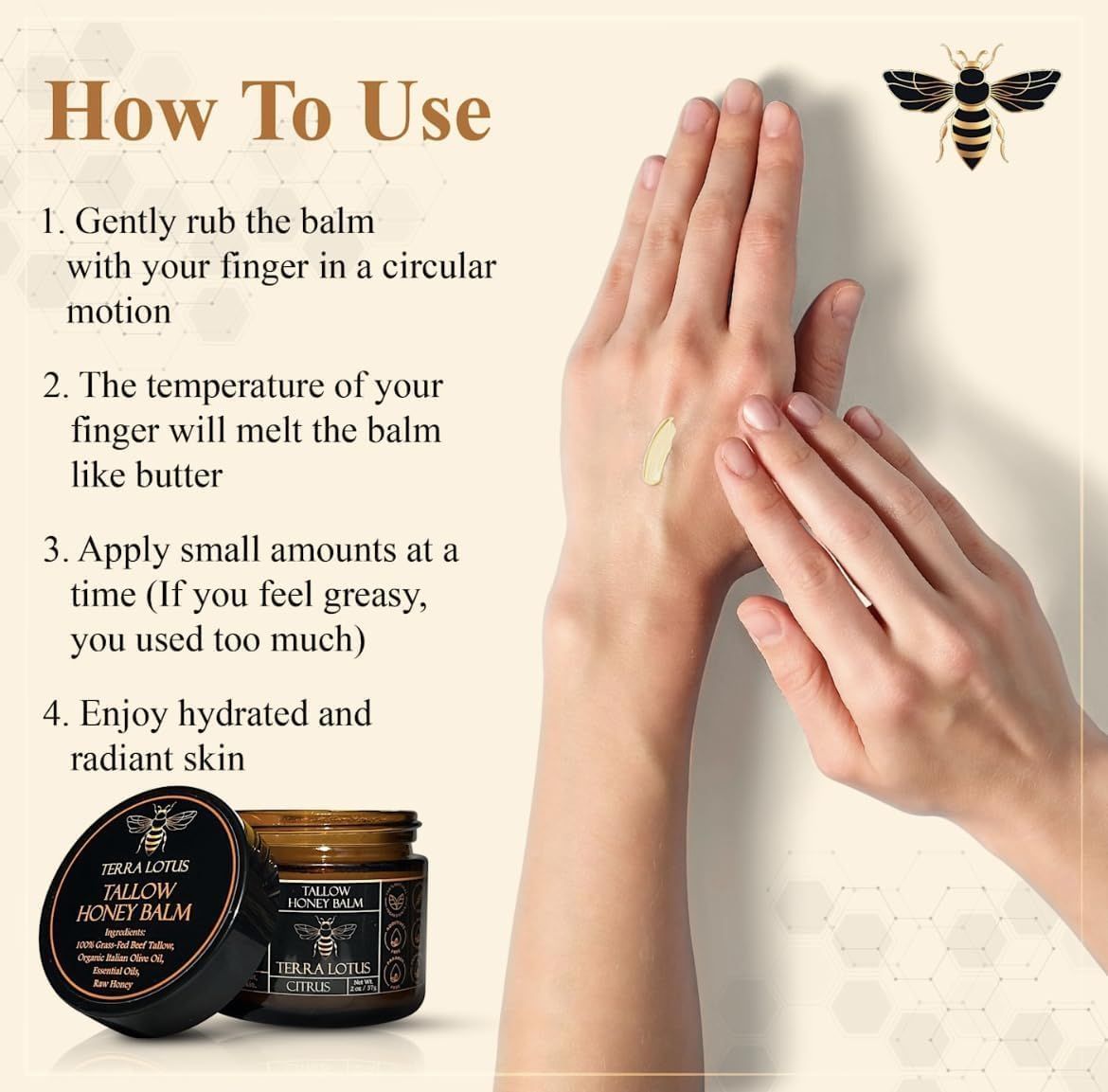 Organic Grass-Fed Beef Tallow Balm with Raw Honey - Moisturizing Cream